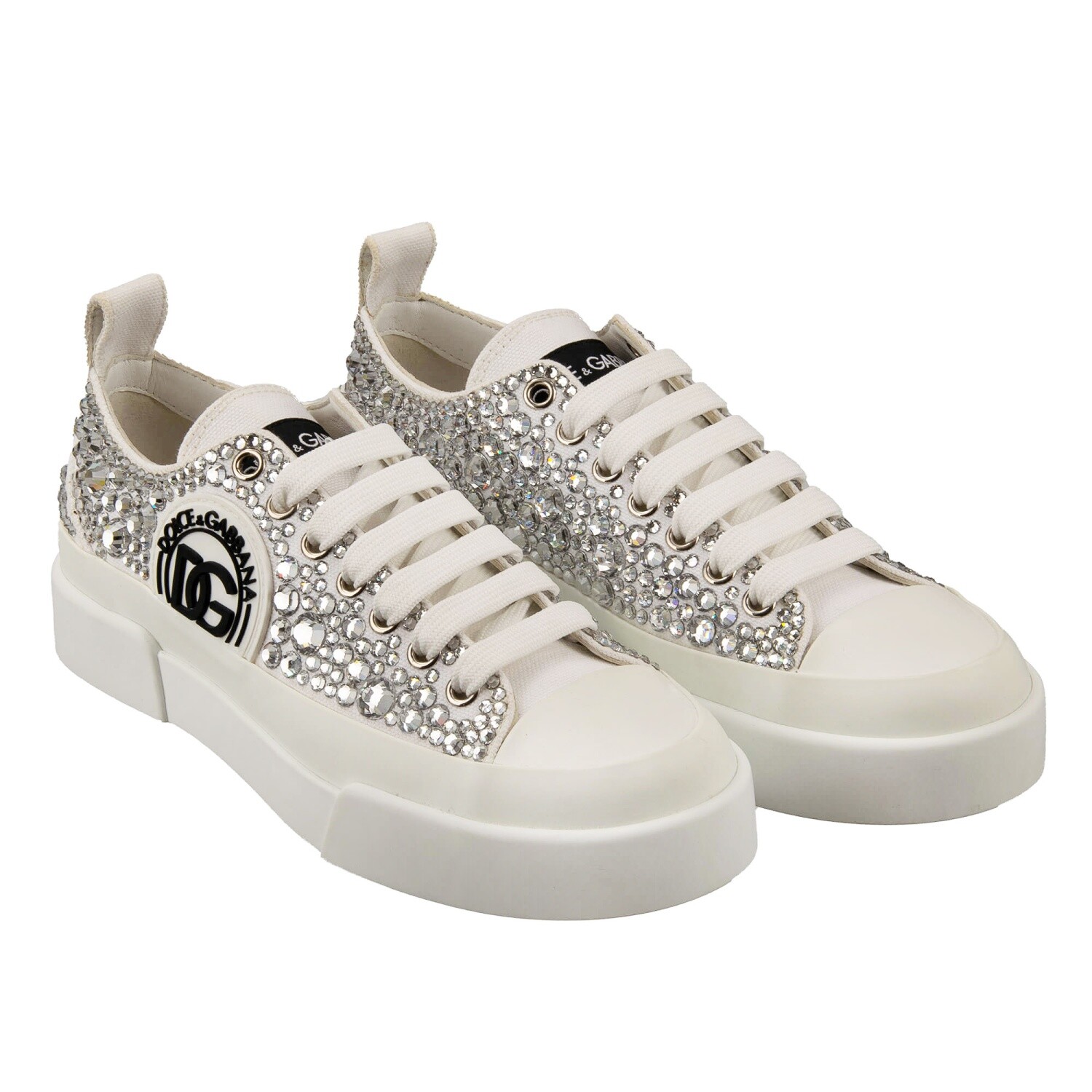 Pre-owned Dolce & Gabbana Portofino Crystal Dg Logo Sneaker Shoes White