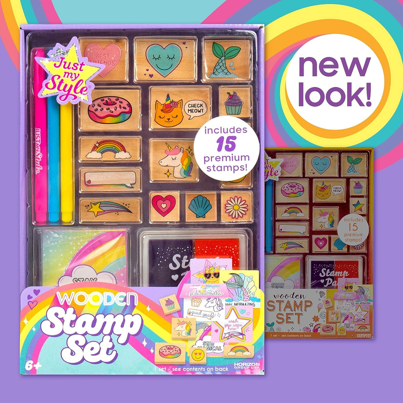 Wood Stamp Set by , 15 Wooden Stamps, Scrapbooking Sheets, Colorful Markers, Sta