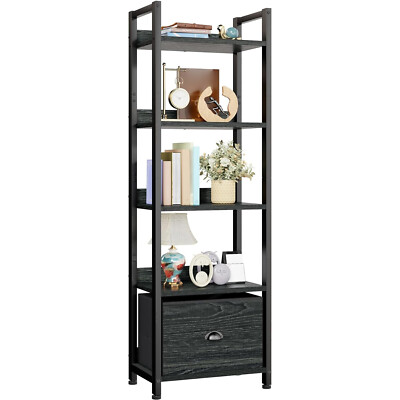 5 Tier Bookshelf with Drawer Wood Display Corner Shelf Tall Narrow Bookcase