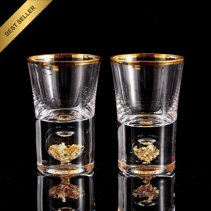 Shot Glasses (1.5Oz), Crystal Shot Glass Set Decorated with 24K Gold Leaf Flakes