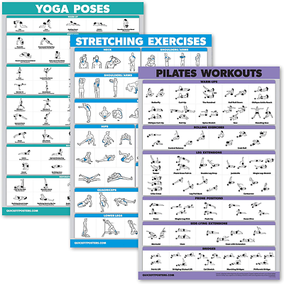 Set of 3 Workout Charts Yoga Poses Stretching Exercises Pilates Mat Work  Posters