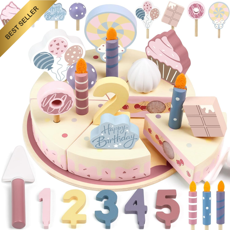 Wooden Birthday Party Cake Play Food Sets for Toddler 2 3 4 5 Year Old Girls Boy