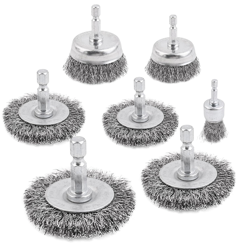 Wire Brush Set 7 Pcs - Abrasive Wheel, Cup Brush, Coarse Crimped Carbon Steel At