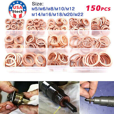 150PCS M5-M22 Copper Crush Washer Gasket Set Flat Ring Seal Assortment Kit USA