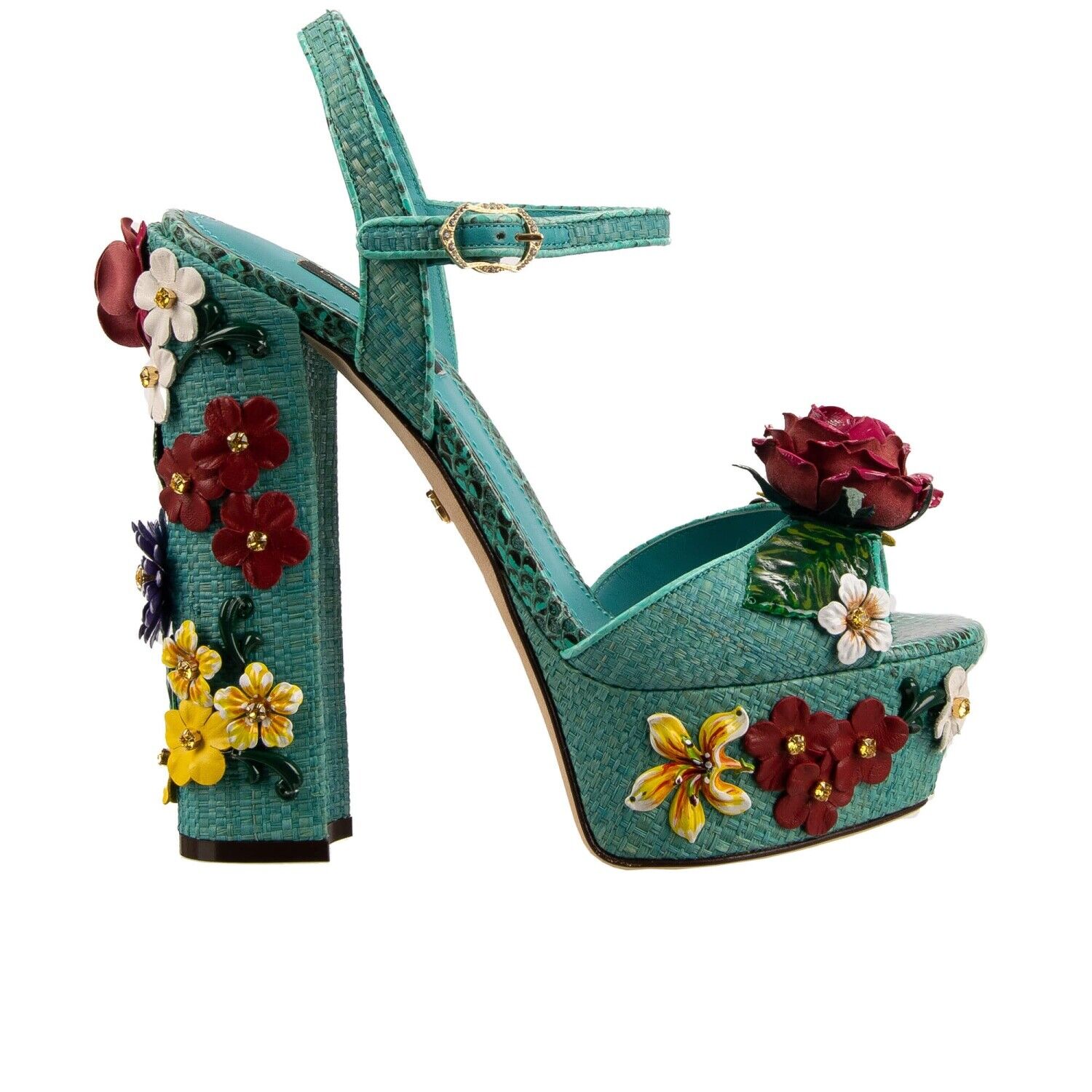 Pre-owned Dolce & Gabbana Rose Crystal Raffia Platform Sandals Pumps Keira Blue Red 12730