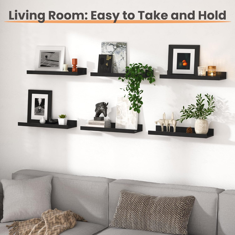 Floating Shelves for Wall, Decor Storage Set of 6, Wall Mounted Wood Shelves for