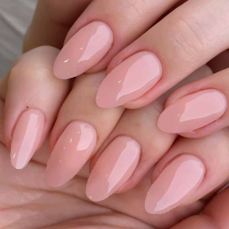 GLAMERMAID Nude Pink Press on Nails Short Almond, Handmade Jelly Soft Gel 