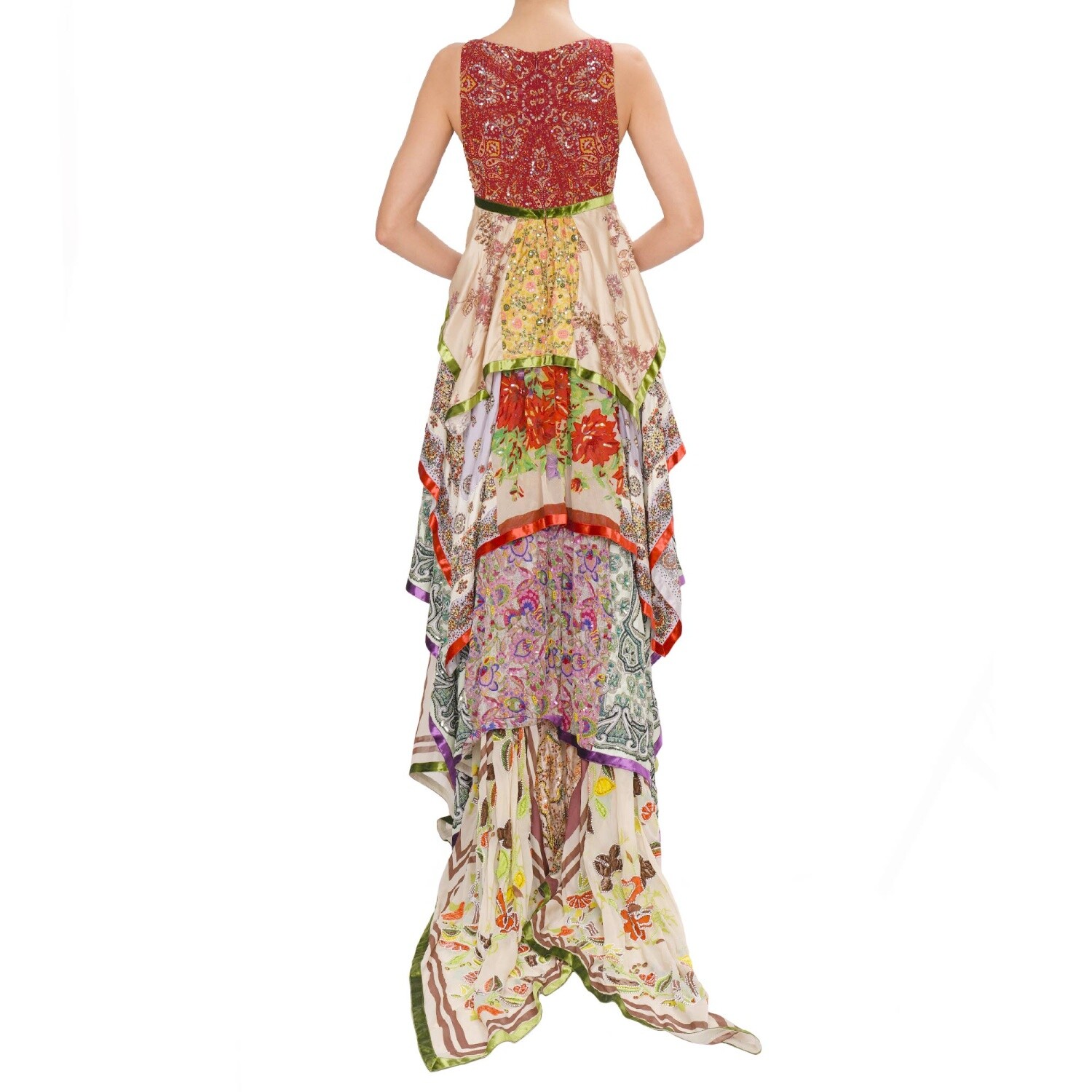 Pre-owned Dsquared2 Runway Sequin Pearl Embroidery Maxi Train Dress Red Beige Green 12321