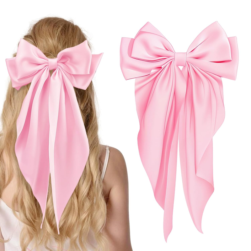 Large Satin Bow Barrettes Clips in Pink - Hair Accessories for Women