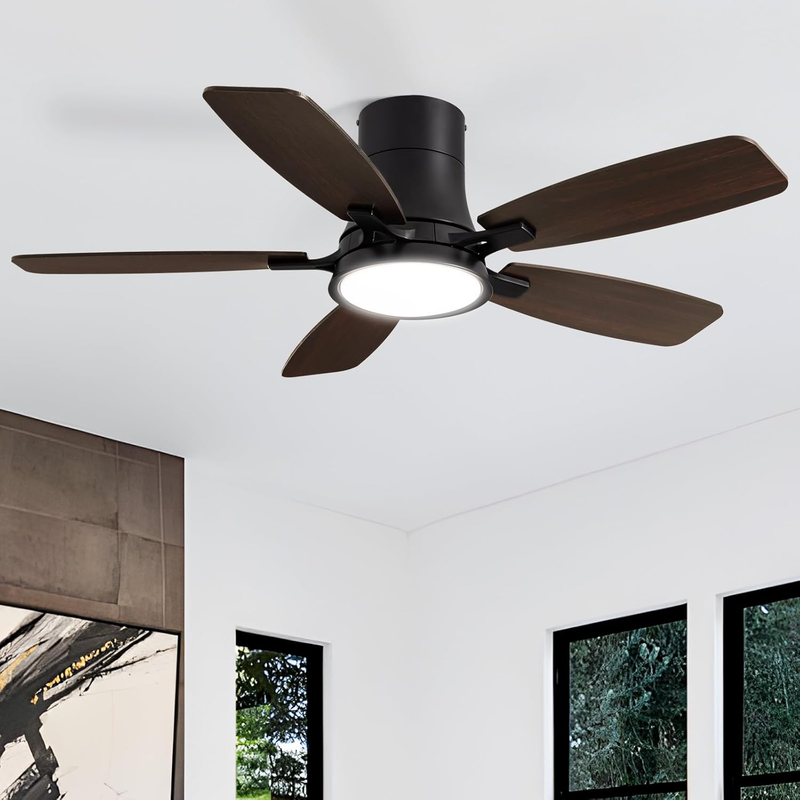 42 Inch Low Profile Ceiling Fan with Light and Remote Flush Mount Ceiling Fans, Noiseless, 6 Speeds Reversible, Dimmable, Ceiling Fan for Bedroom, Living Room Black