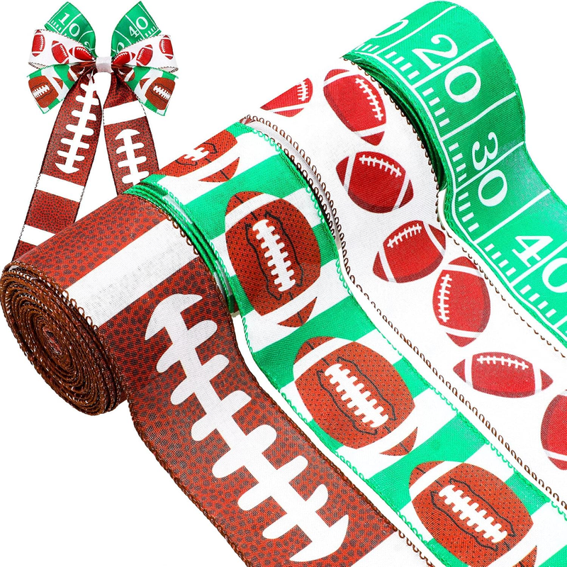 4 Roll Football Wired Ribbon, 2.5 Inch X 24 Yards Green and Brown Football Theme
