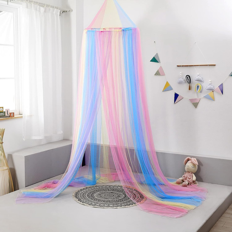 Rainbow Mosquito Net Bed Canopy for Girls, Multi-Colored Canopy Bed Curtains Ful