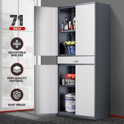 71 Серо-белый Запирающийся металлический шкаф для хранения с выдвижным ящиком и 2 регулируемыми полками