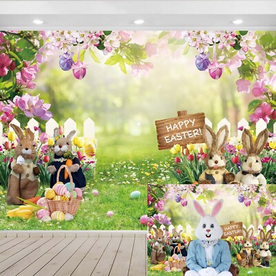 Happy Easter Backdrop Kids Bunny Grass Easter Eggs Family Party Background