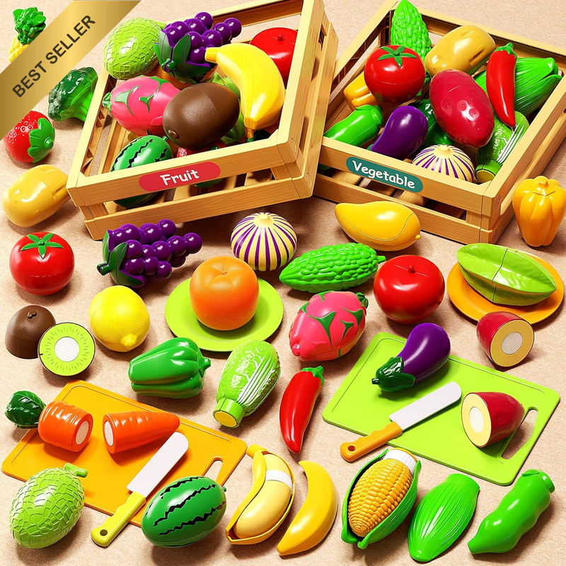 35pc Pretend Play Food Cutting Set Fruits Vegetables Boards Baskets