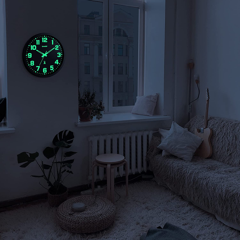Glow in Dark Atomic Analog Wall Clock12" Clock w/Black Frame Sets Automatically