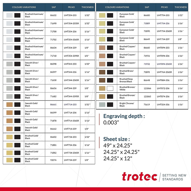 Trotec | Metallic Looking Acrylic Sheet | 4 Pcs | Brushed Brass/Black | 12"X20"X