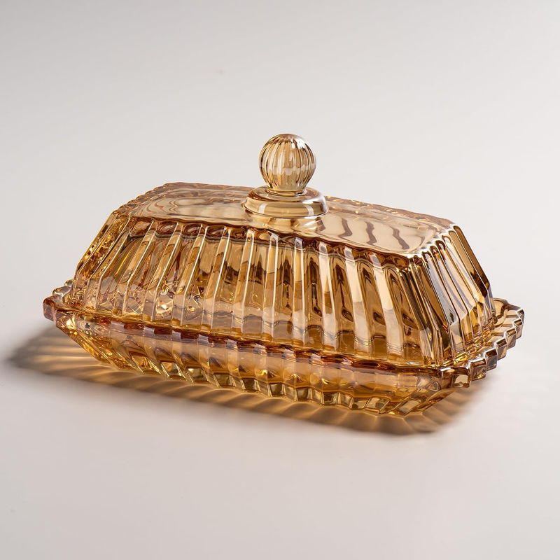 Champagne Color Glass Butter Dish with Lid, Covered Butter Stick Holder Tray, Cr