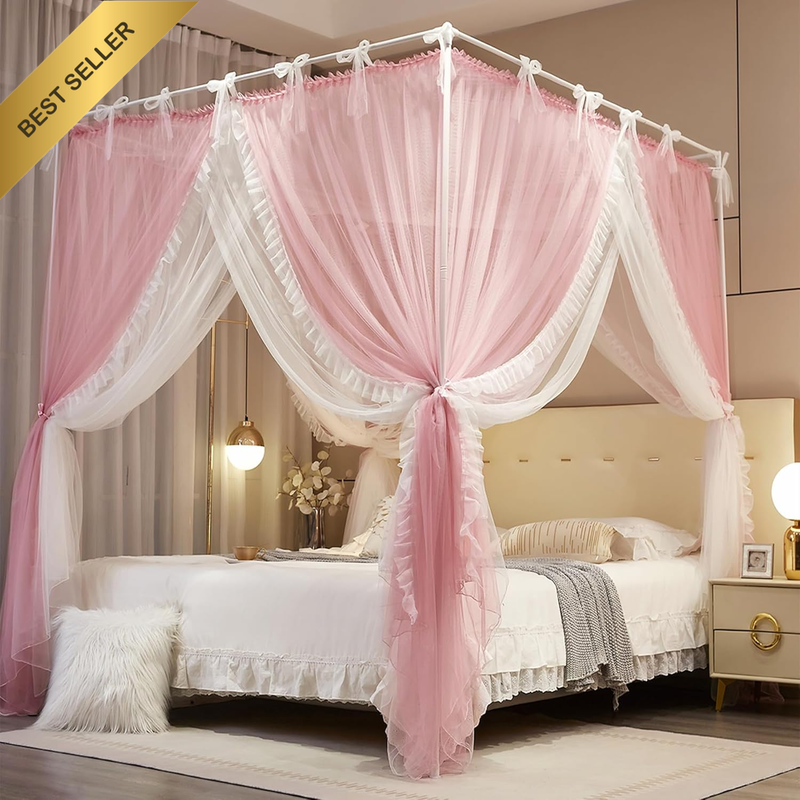 4 Corners Post Princess Curtain Bed Canopy Lace up Double Layer 4 Opening Mosqui