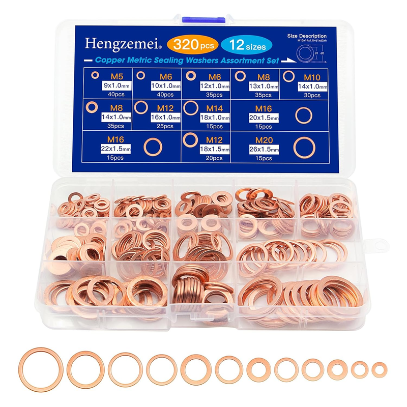 320pcs Copper Washers Metric Sealing Assortment Set Flat Crush Washer kit Oil Dr
