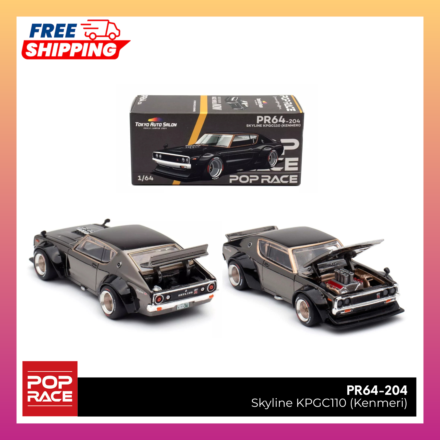 ポップレース 1/64 日産 スカイライン KPGC110 クロムブラック Nissan Skyline (KPGC110) Kenmeri, Black Chrome 1:64 Diecast
