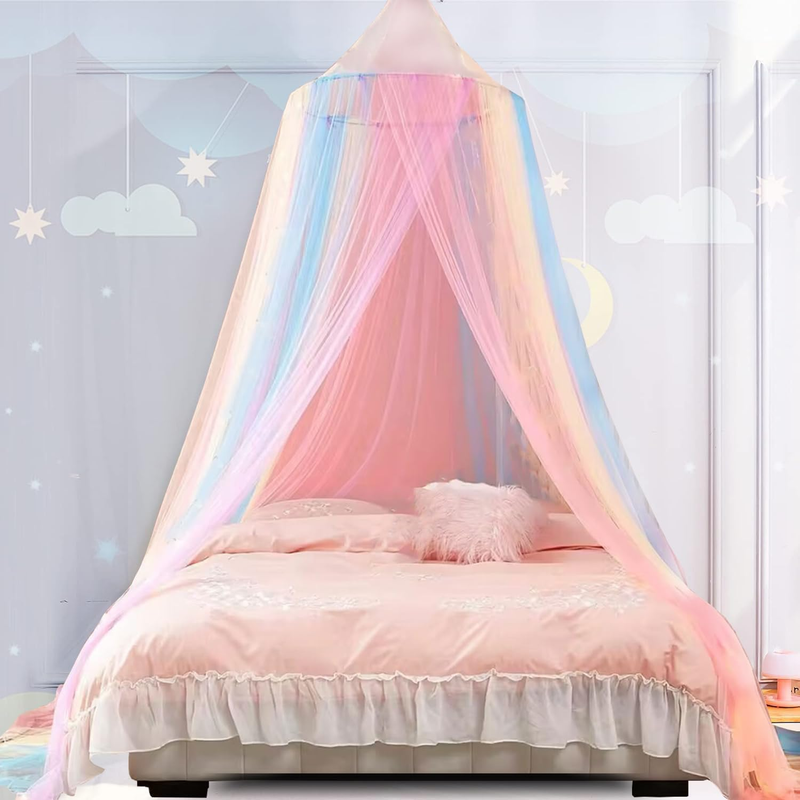 Rainbow Mosquito Net Bed Canopy for Girls, Multi-Colored Canopy Bed Curtains Ful