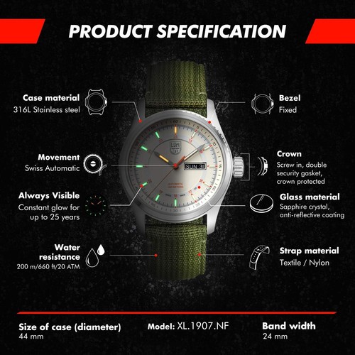 Pre-owned Luminox 1907.nf Men Atacama Field Green Military Strap Watch, 44mm, Ivory/orange