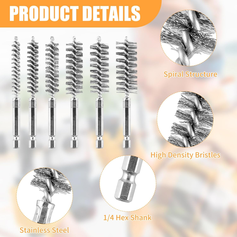 6Pieces Wire Brush Drill Bore Cleaning Brush Set,with 1/4 Inch Hex Shank Stainle