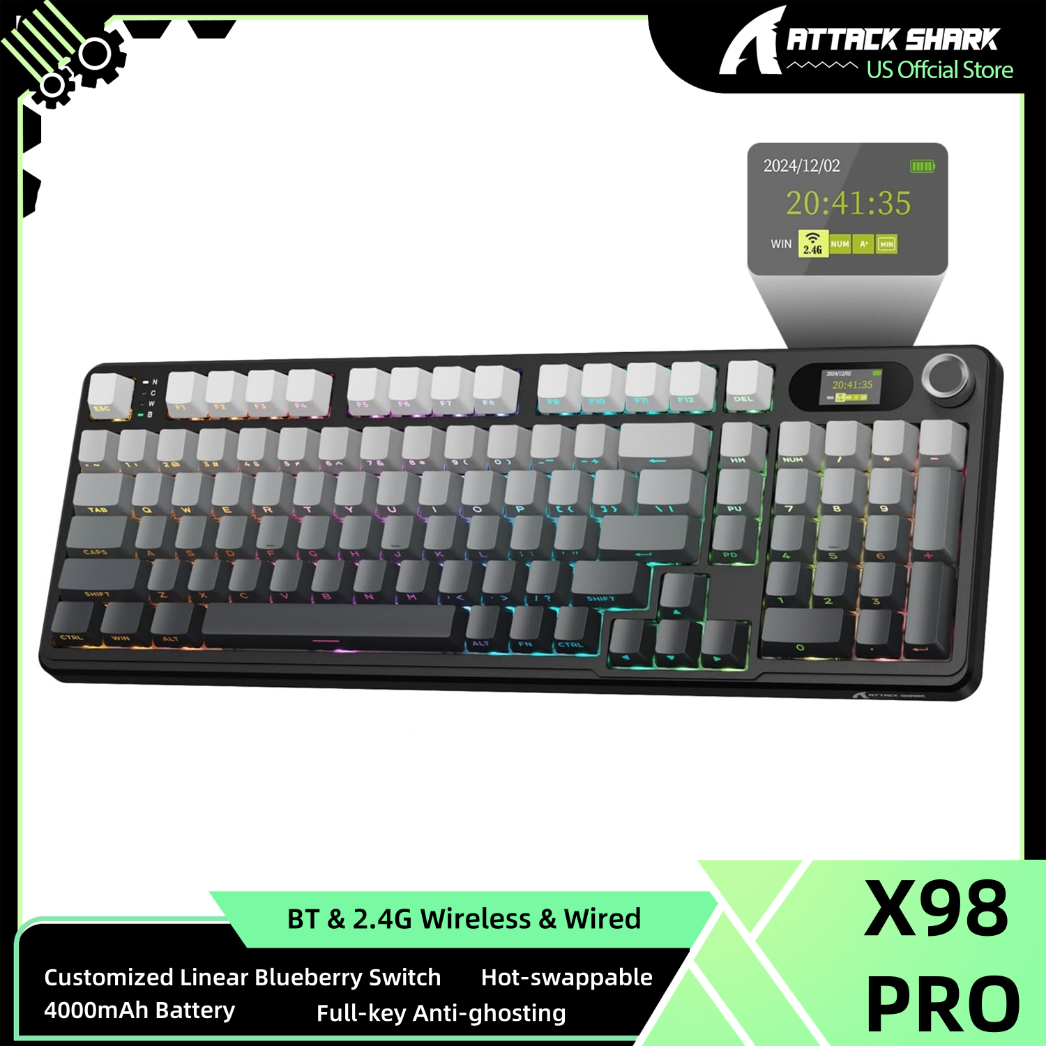 未使用 ATTACK SHARK X98 ゲーミングキーボード リニア US配列 X98 Full-Size Keyboard: Hot-Swap & Gasket Mount | ATTACK SHARK