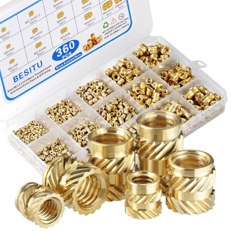 360Pcs Threaded Inserts M2 M2.5 M3 M4 M5 M6 Brass Heat Set Insert for Plastic Me