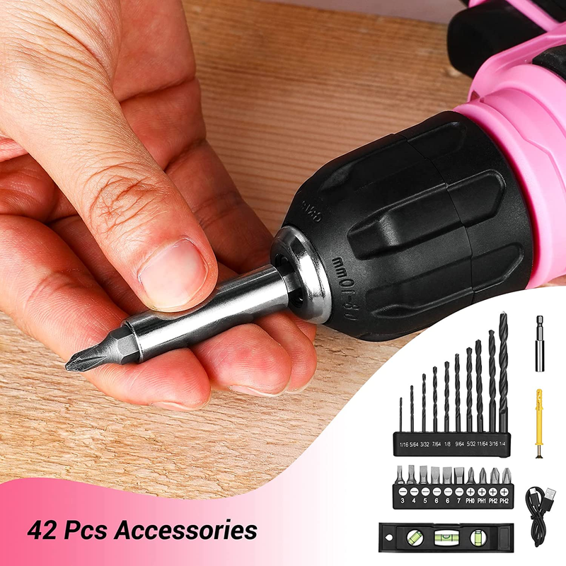 DEKO 8V Cordless Drill Set - Pink Power Drill with Accessories, Type-C Charge Ca