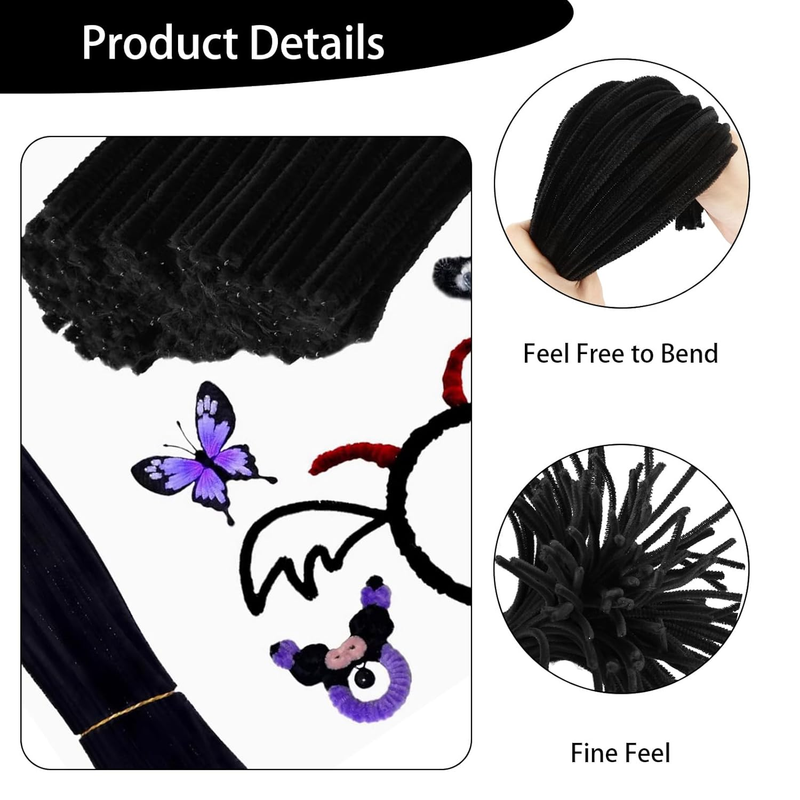 100 Pieces Black Chenille Pipe Cleaners Bulk Fuzzy Stems, Pipe Cleaners Flower f