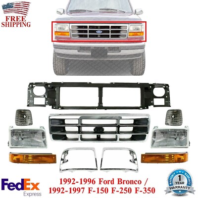 Front Grille + Header Panel + Head Lights Kit For 1992-97 Ford F-Series / Bronco