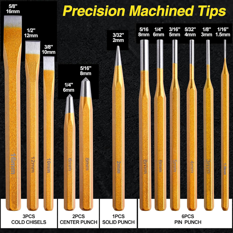 12-Piece Punch and Chisel Set, Heavy Duty Heat Treated Metal Punch Set Including