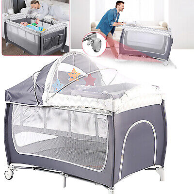 Foldable Baby Cot Crib Bed w/ Infant Changing Table Playpen Bassinet 39lbs Load