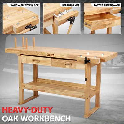 60" x 25" Heavy Duty Oak Workbench Work Table w/ 2 Drawers & Adjustable Handle