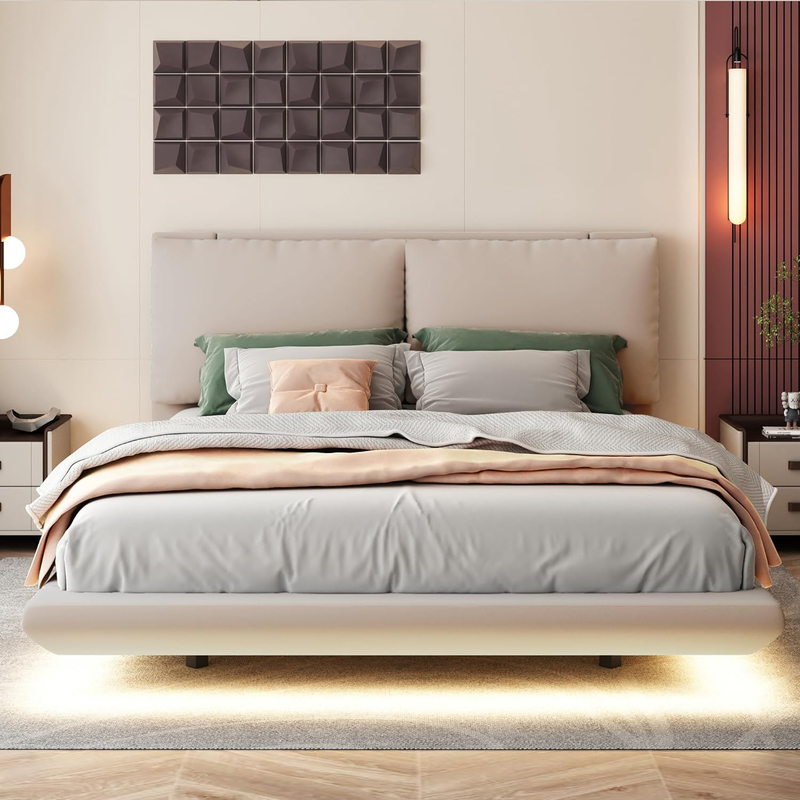 Floating Velvet Platform Bed, Queen Size Upholstered Wood Bed Frame with Sensor