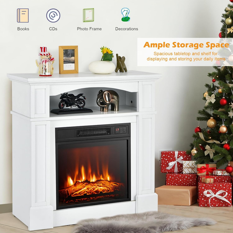 32" Electric Fireplace with Mantel, Freestanding Wooden Surround with 1400 W Fir