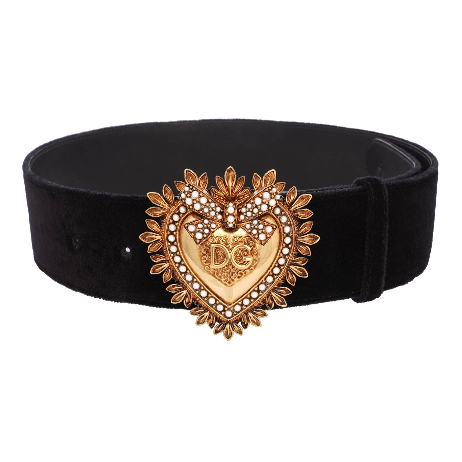 

DOLCE - GABBANA DEVOTION Бархатный ремень для платья с жемчужным сердечком Черное золото 80  S 12851, Черный