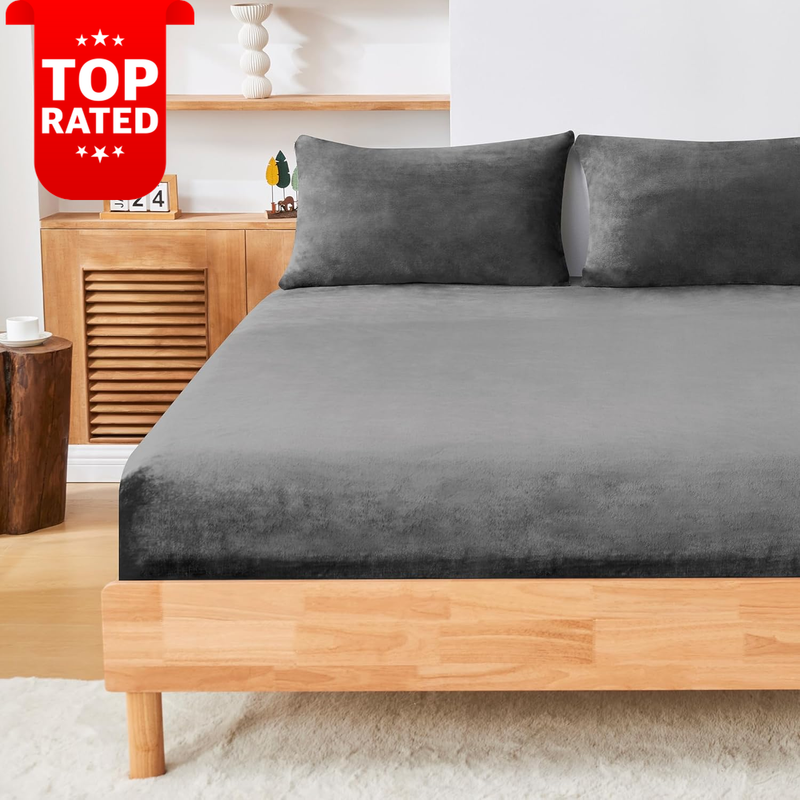 Queen Size Teddy Fleece Fitted Sheet Set Charcoal Soft Flannel 3-Piece Cozy