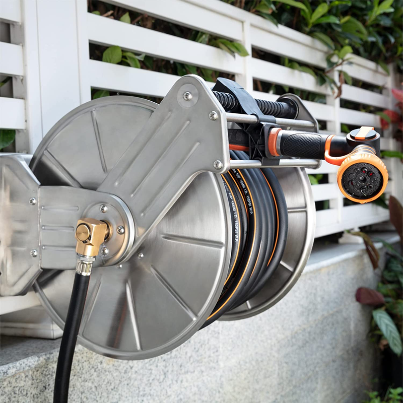Stainless Steel Garden Hose Reel with 5/8" X 100 Ft Heavy Duty Hose, Wall/Floor