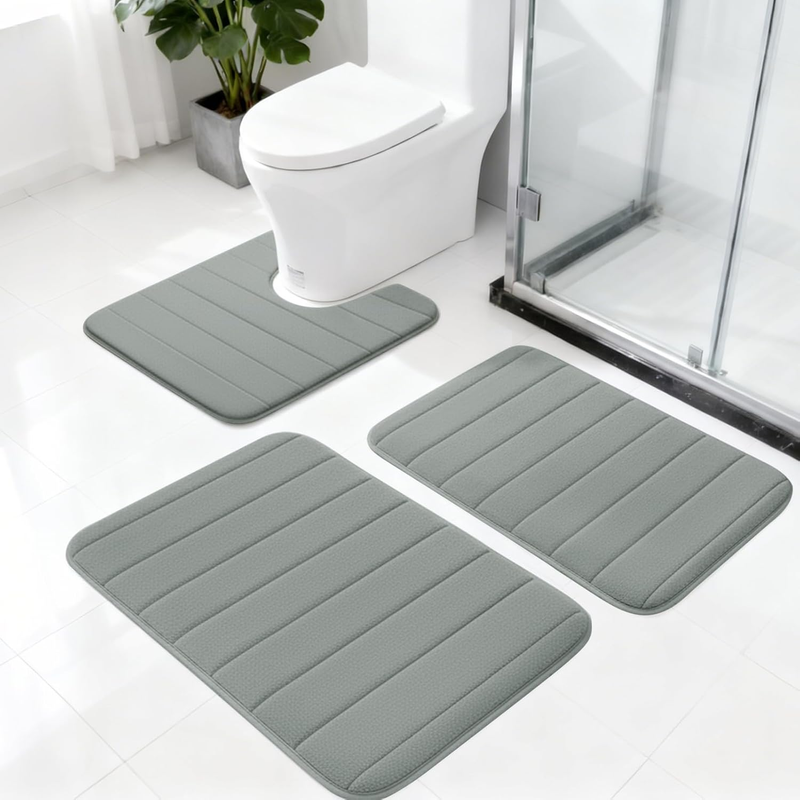 Memory Foam Bath Mat 3 Piece Set, Non-Slip Quick-Dry Bathroom Rugs with U-Shaped