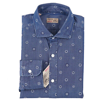 Barba Napoli Slim-Fit Blue Medallion Print Chambray Cotton Shirt 16 (Eu 41) NWT