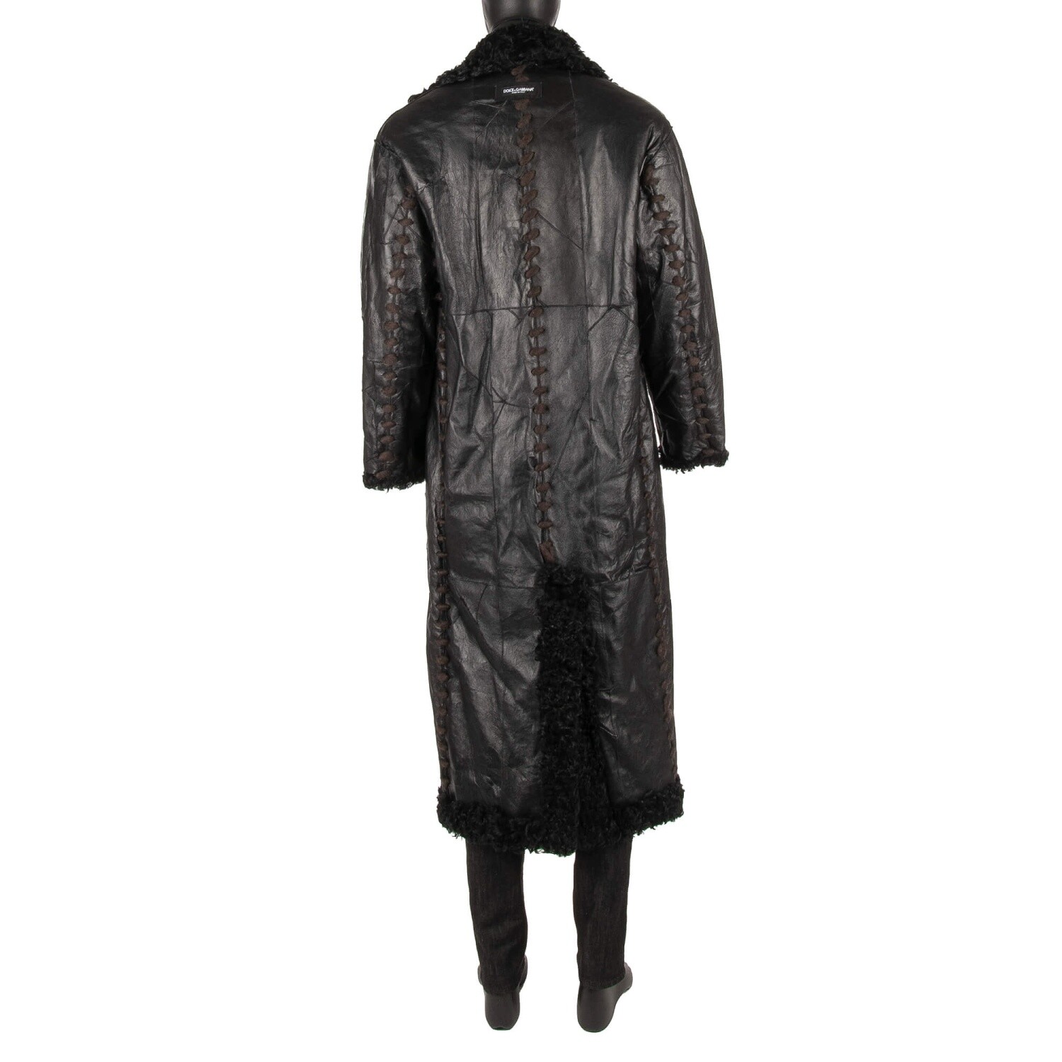 Pre-owned Dolce & Gabbana Runway $9.500 Oversize Long Lamb Fur Leather Coat Black 11225