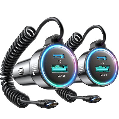 2-Pack 60W Fast Car Charger USB C PD &QC3.0 with 5ft 30W Type C Coiled Cable ...