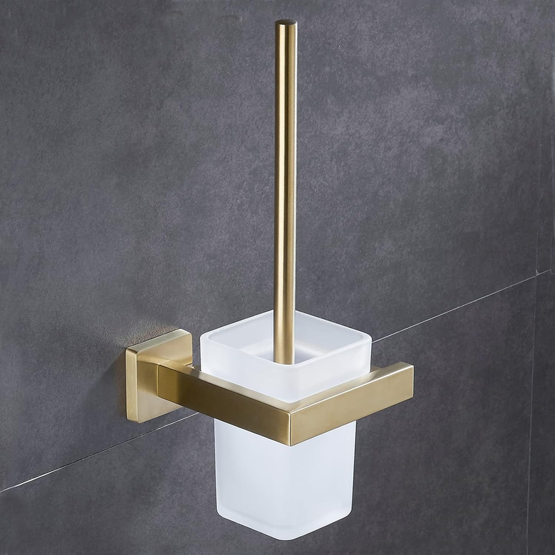 Modern Wall Mounted Toilet Brush Set - Brushed Gold Stainless Steel Holder with Glass Canister