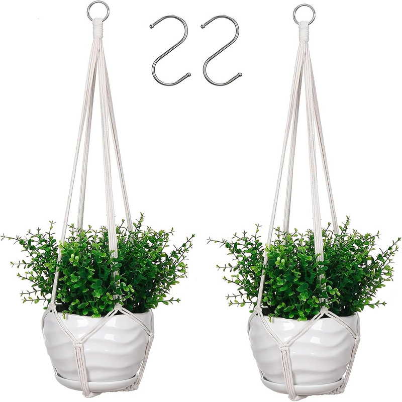 Macrame Plant Hanger Set, White Cotton Rope, 35 Inch, 2 Pack | Indoor Outdoor, S