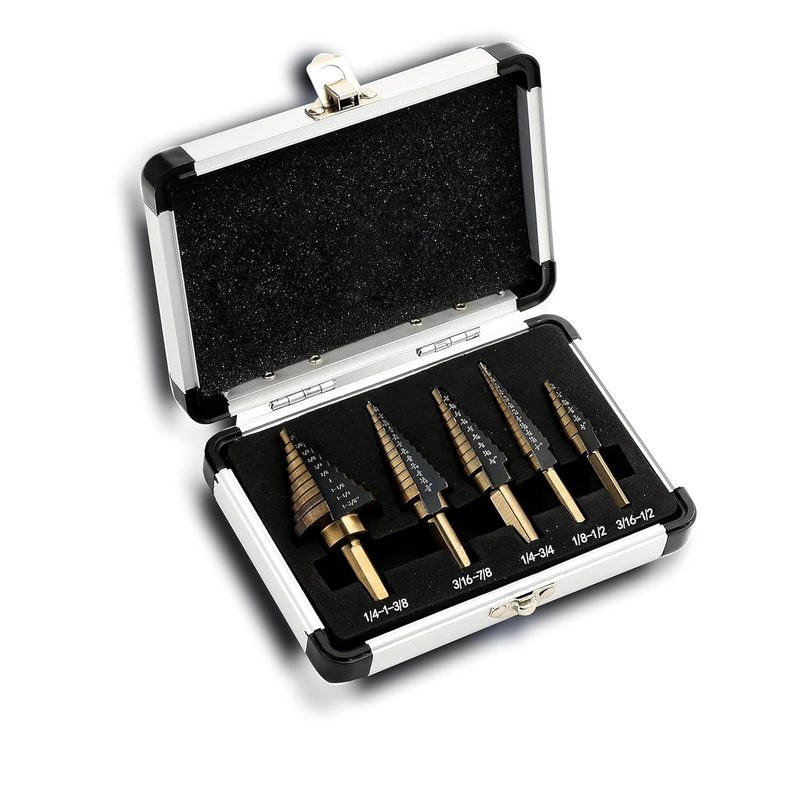 5 Pcs Step Drill Bits,High Speed Steel,Titanium Coating,50 Sizes Unibit Drill Bi