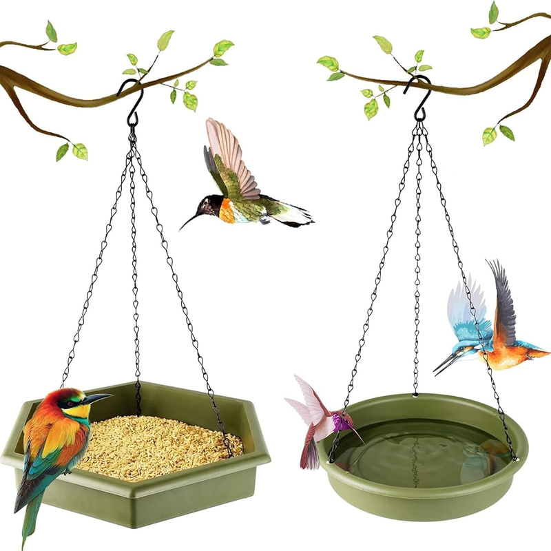 2 PCS Hanging Bird Feeder Dispenser Tray, 2 in 1 Hanging Bird Feeder and Bird Ba