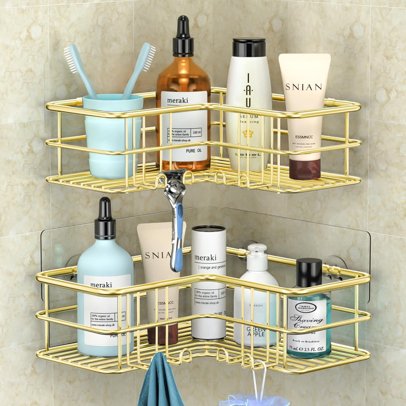 2 Pack Corner Shower Caddy, Adhesive Bathroom Shelf with 8 Hooks, Rustproof Stai